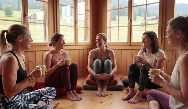 Fünf lachende Frauen sitzen mit Teetassen auf Kissen in einem holzvertäfelten Raum mit Blick auf grüne Wiesen