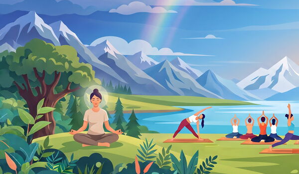 Illustration einer übenden Yogagruppe am See, Frau in Meditationshaltung, Berglandschaft mit Regenbogen