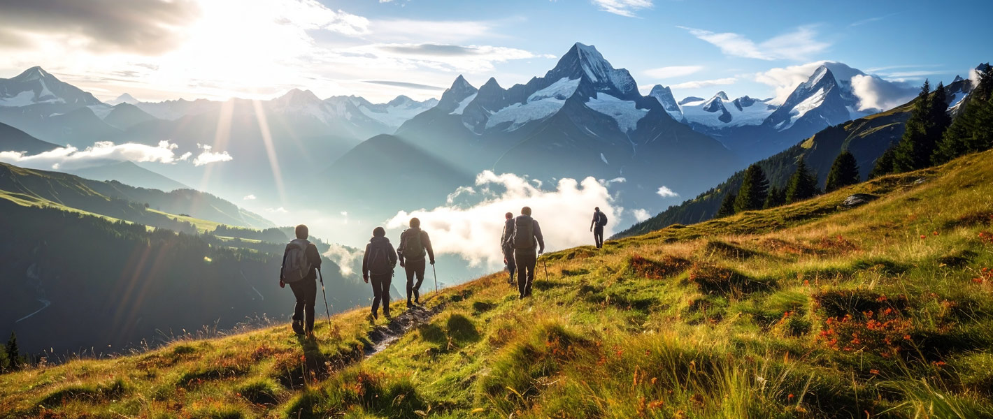 Gruppe auf einer Wanderung in den Schweizer Alpen, Ausblick auf das Alpenpanorama
