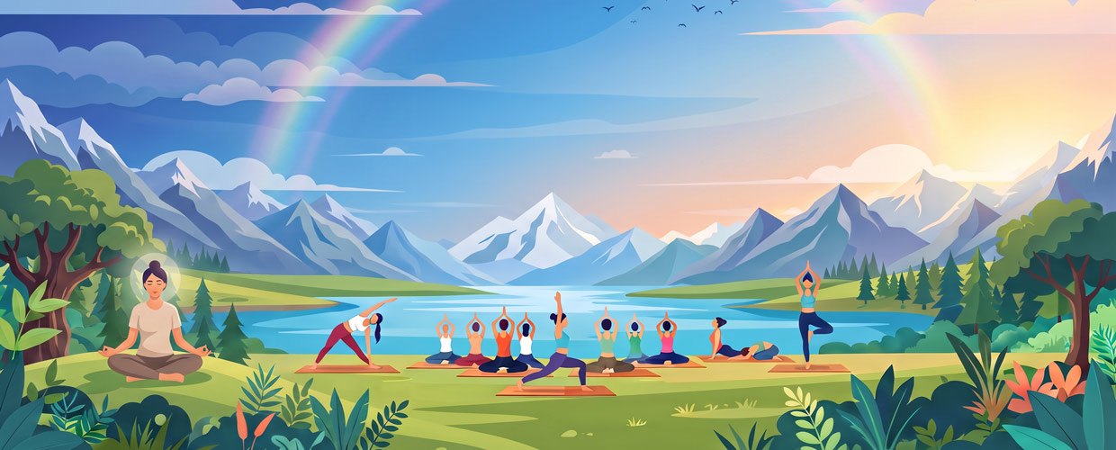 Illustration einer übenden Yogagruppe am See, Frau in Meditationshaltung, Berglandschaft mit Regenbogen
